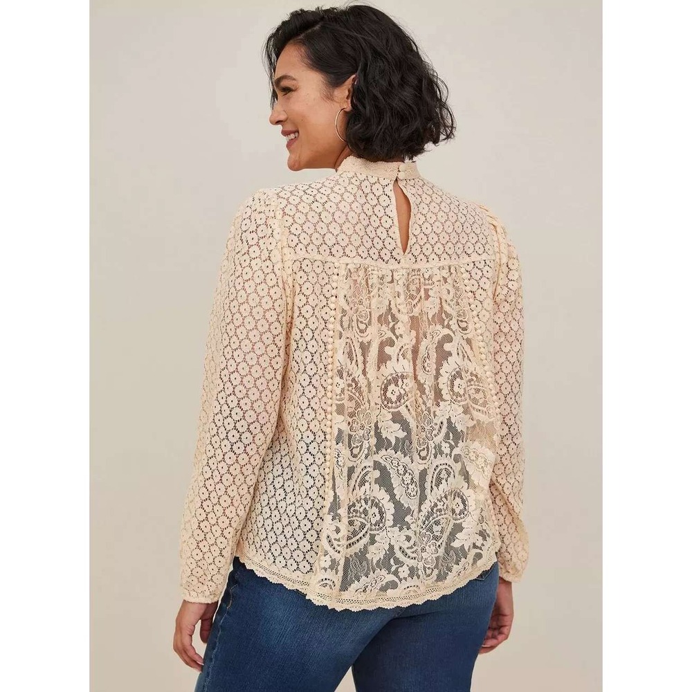 Torrid Mixed Lace High Neck Long Sleeve Blouse Beige Cream 2 2X Victorian - Picture 3 of 10